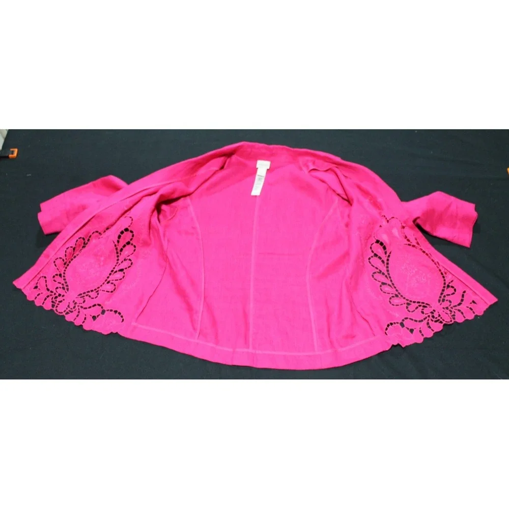 Chico's Size 2 Pink Linen Embroidered Cutwork Jacket Open Front 3/4 Sleeve